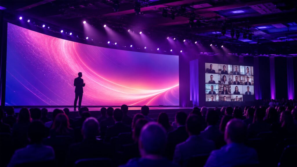 Evento híbrido corporativo com palco, telão de LED e transmissão ao vivo para o público remoto, produzido pela Mistagoo